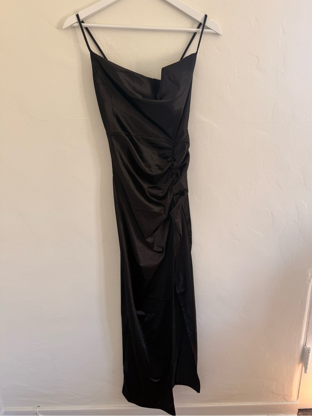 Satin Black Cowl-Front Maxi Cocktail Dress